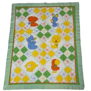 Vintage 70s Unisex Baby Animal Quilted Blanket Green Yellow Patchwork Boys Girls